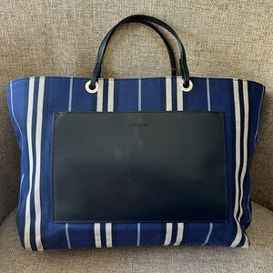Burberry Navy Blue Striped Tote with Black Leather Pocket